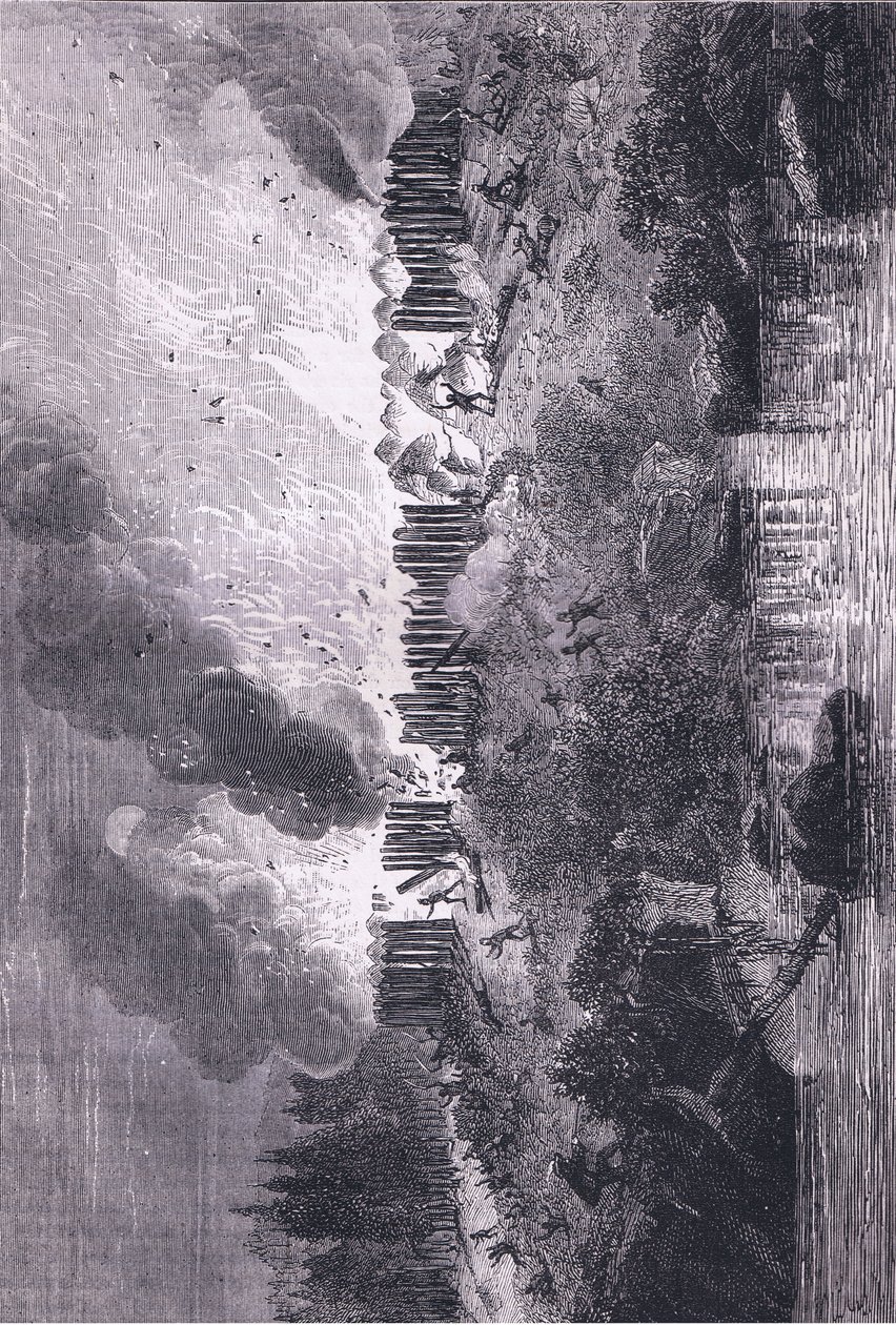 Attack on the Pequot Fort, illustration från Cassell
