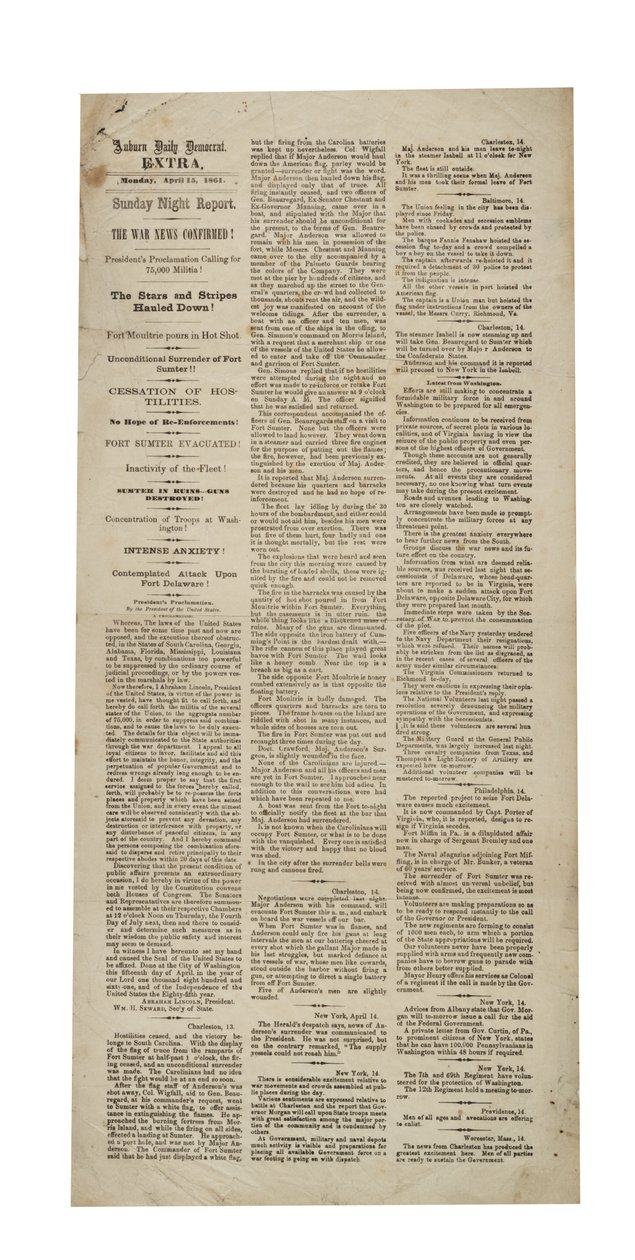 Auburn Daily Democrat Extra re: Fort Sumter, 15 april 1861 av American School