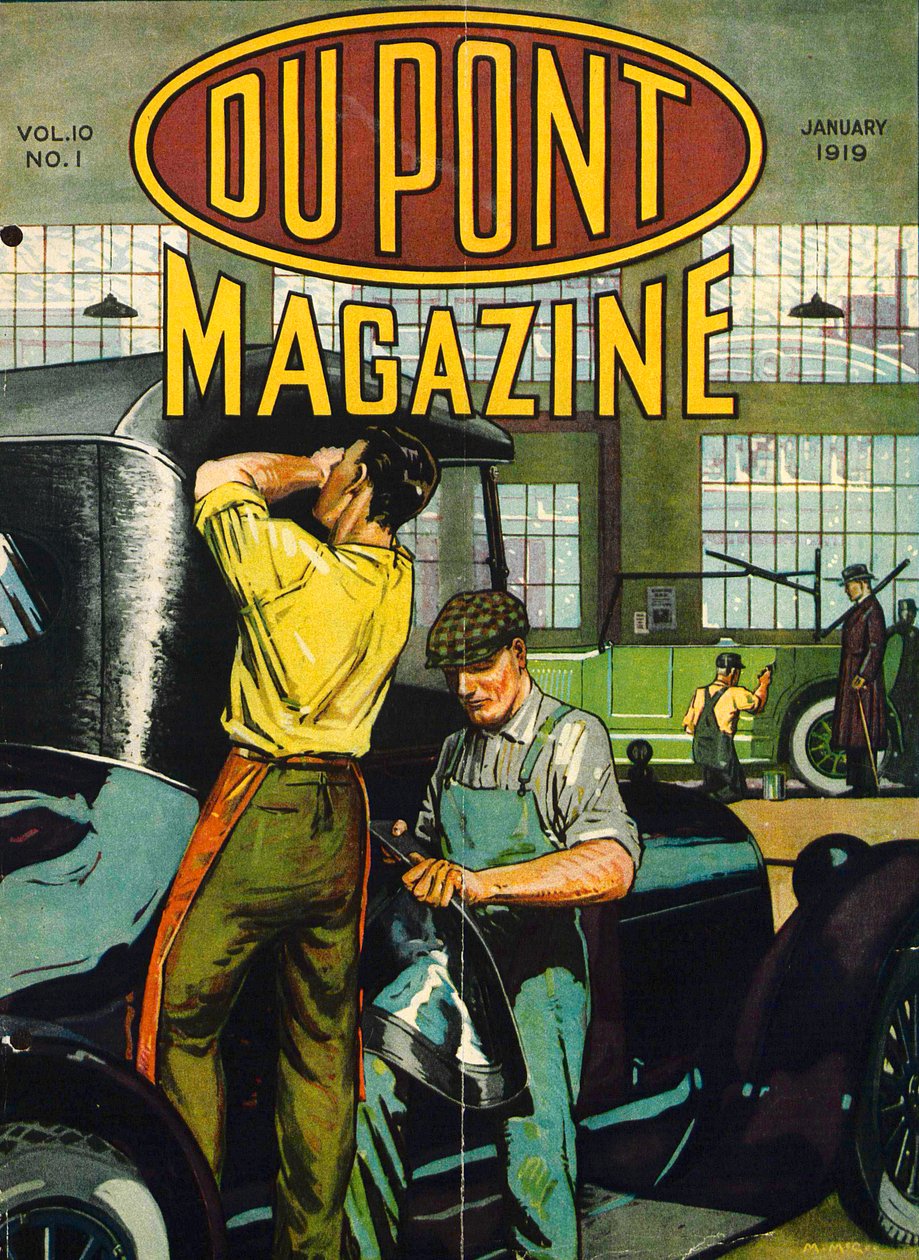 Bilreparation, främre omslaget till DuPont Magazine, januari 1919 av American School