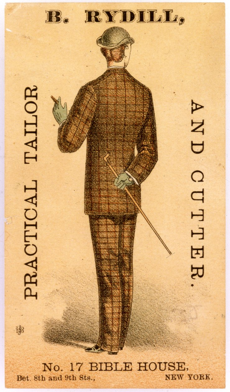 B. Rydill, Practical Tailor and Cutter, nr 17 Bibelhuset, mellan 8:e och 9:e gatan. New York., 1886 (litografi [handelskort]) av American School