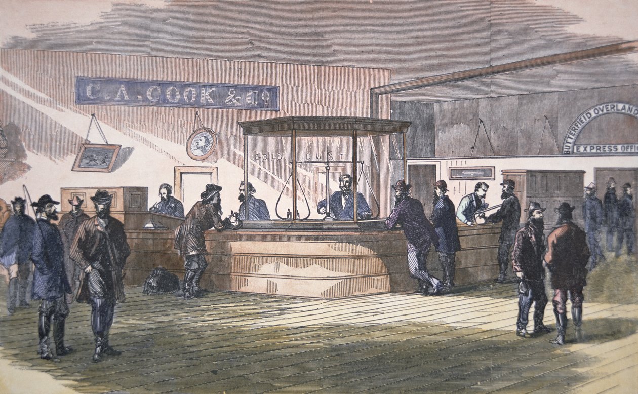 Bank i San Francisco, ca 1860 (färgad gravyr) av American School