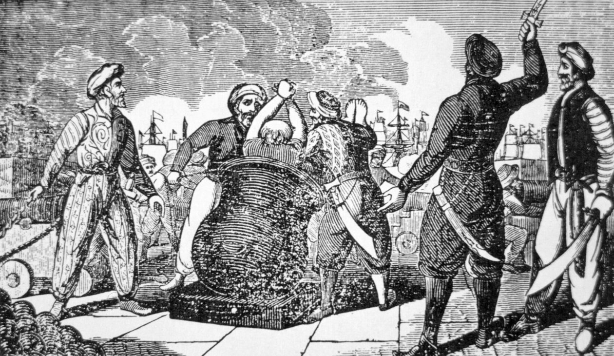 Barbary Corsairs återlämnar den franske konsuln i Alger till sitt skepp, med kanon (gravyr) av American School
