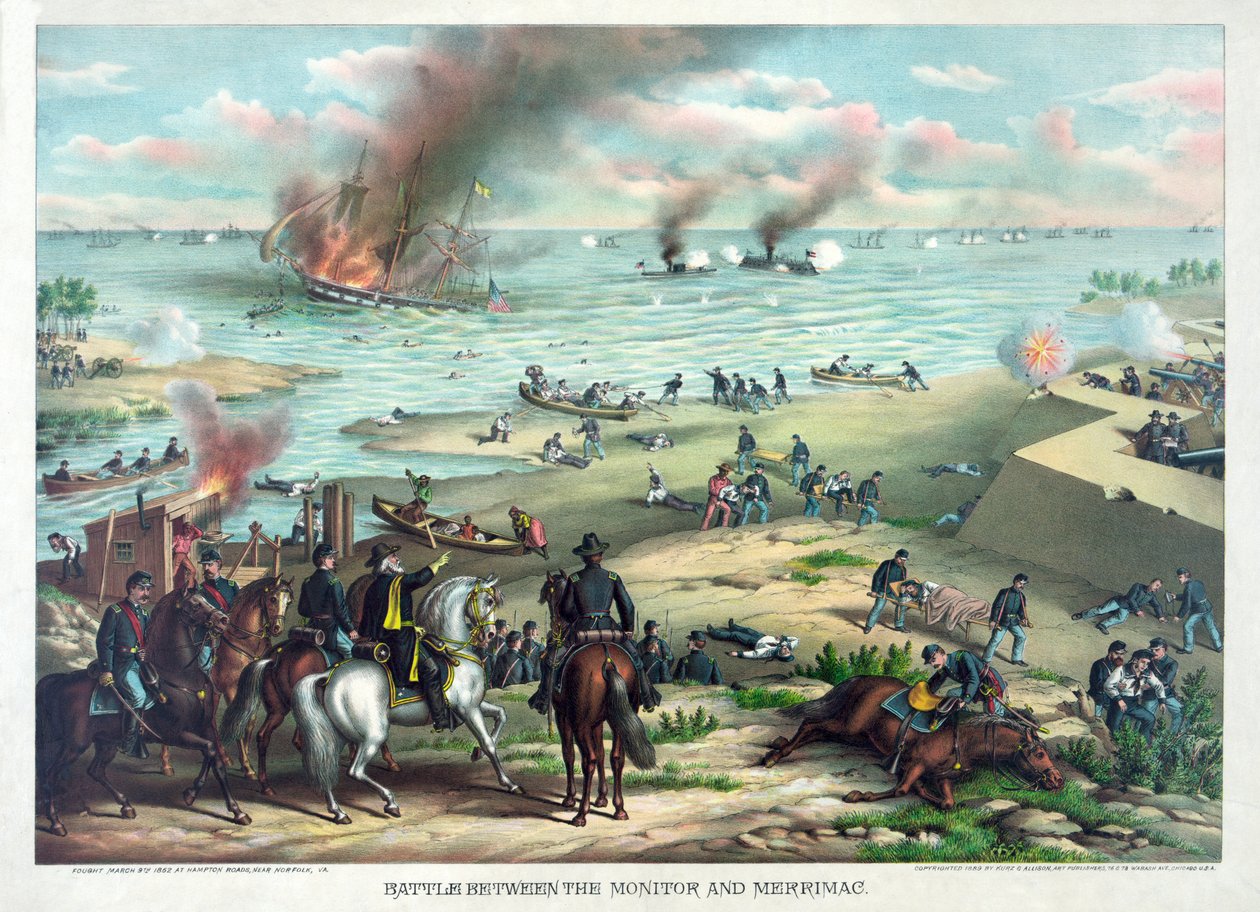 Battle Between the Monitor och Merrimac, 9 mars 1862 på Hampton Roads, nära Norfolk, Virginia, pub. Kurz & Allison, ca 1889 av American School