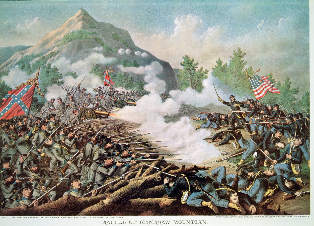Slaget vid Kenesaw Mountain, Georgia, 27 juni 1864, graverad av Kurz & Allison av American School