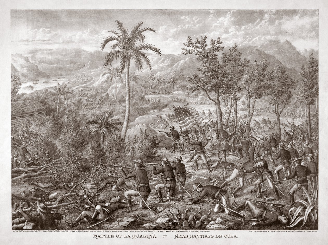 Slaget vid La Quasina, nära Santiago de Cuba, pub. 1898 (gravyr) av American School