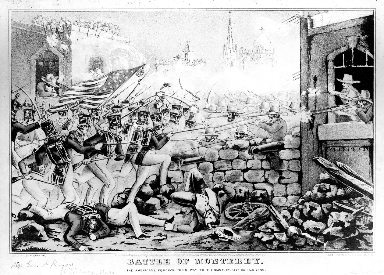 Battle of Monterey: The Americans Forcing their Way to the Main Plaza, 23 september 1846, graverad och publicerad av Nathanial Currier (1813-88) av American School