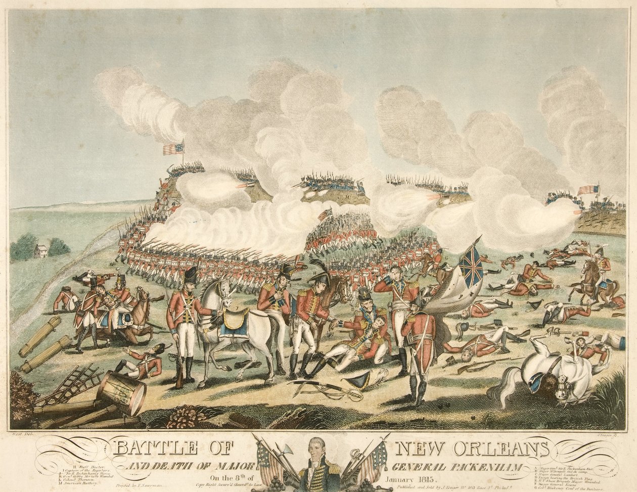 Slaget vid New Orleans och generalmajor Packenhams död den 8 januari 1815, pub. 1815 (färgad gravyr) av American School