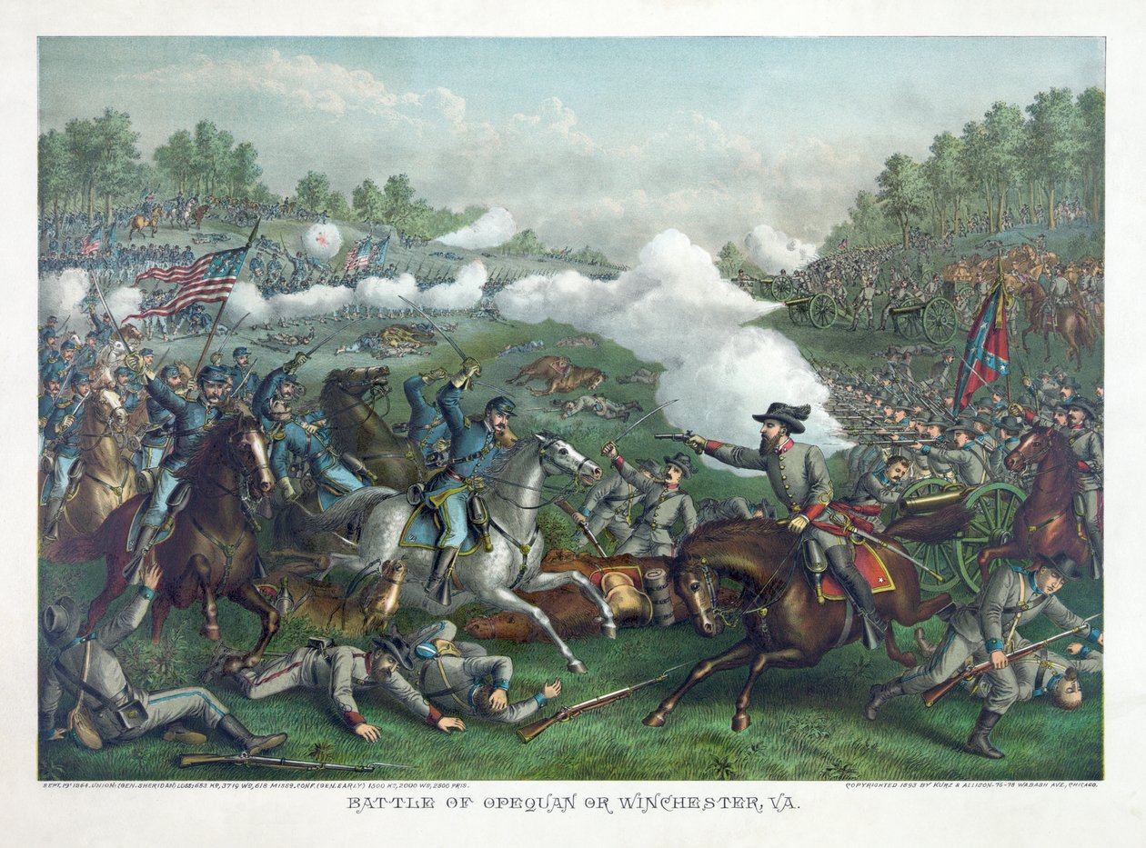 Slaget vid Opequan eller Winchester, Va, pub. 1890 (färglitografi) av American School