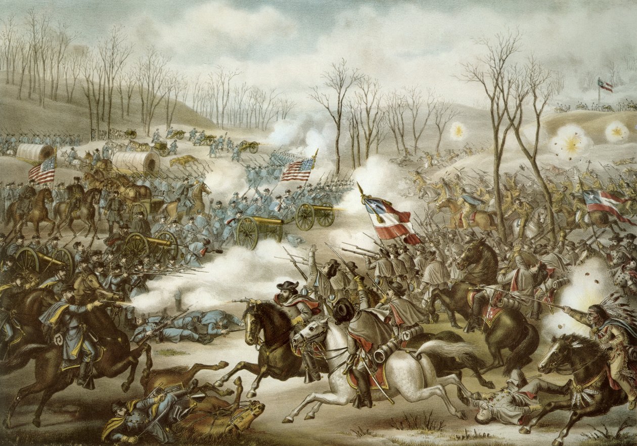 Battle of Pea Ridge, Arkansas, 6-8 mars, graverad av Kurz & Allison (färg litho) av American School