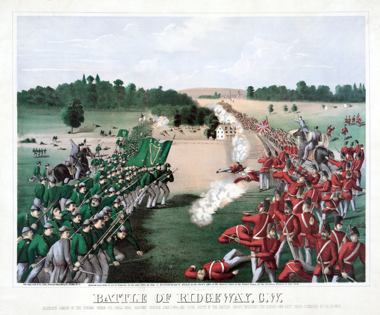 Battle of Ridgeway, C.W., pub. 1869 (färgad gravyr) av American School