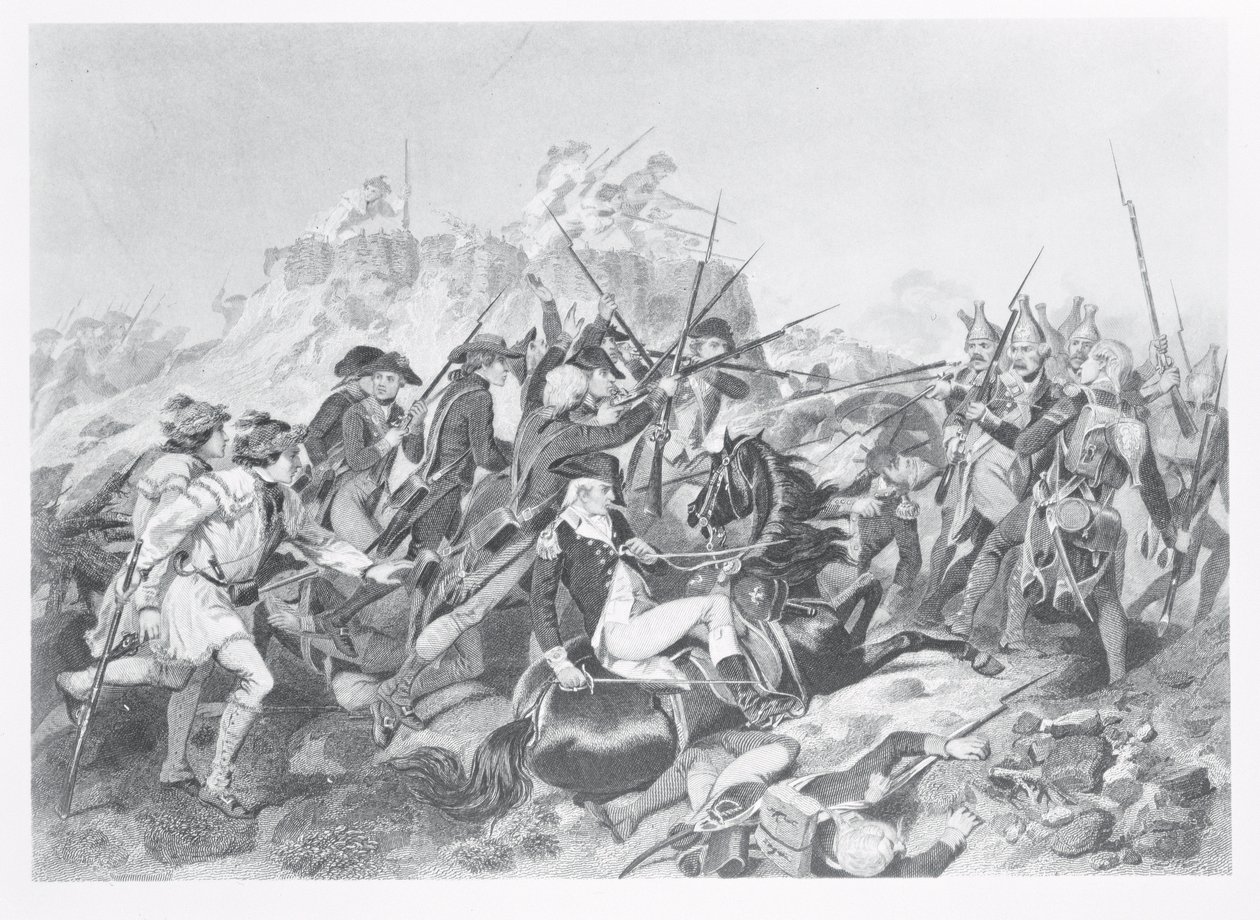 Slaget vid Saratoga - General Arnold sårad i attacken mot Hessian Redoubt, 17 oktober 1777 av American School