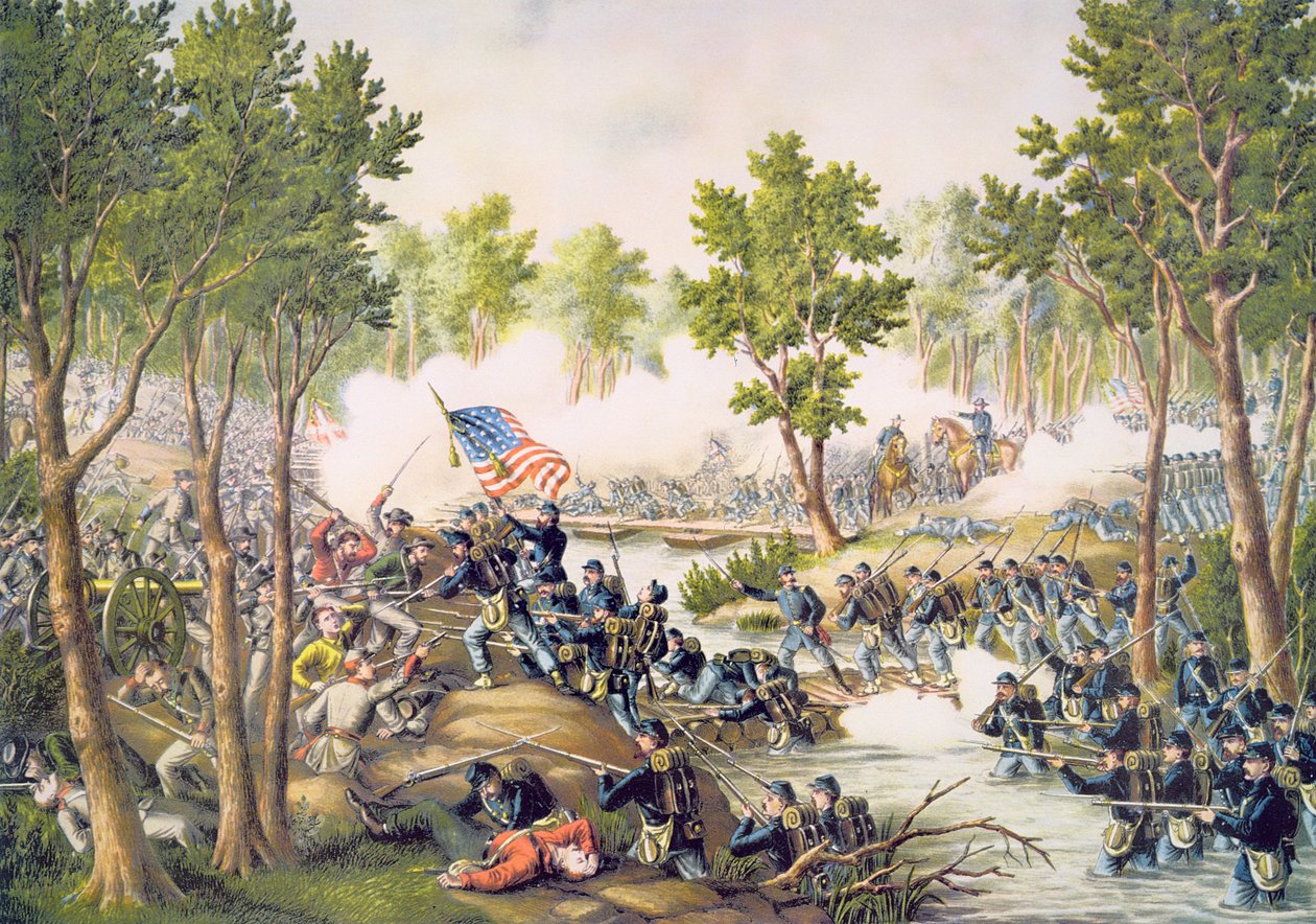 Slaget vid Spottsylvania, maj 1864, graverad av Kurz & Allison av American School