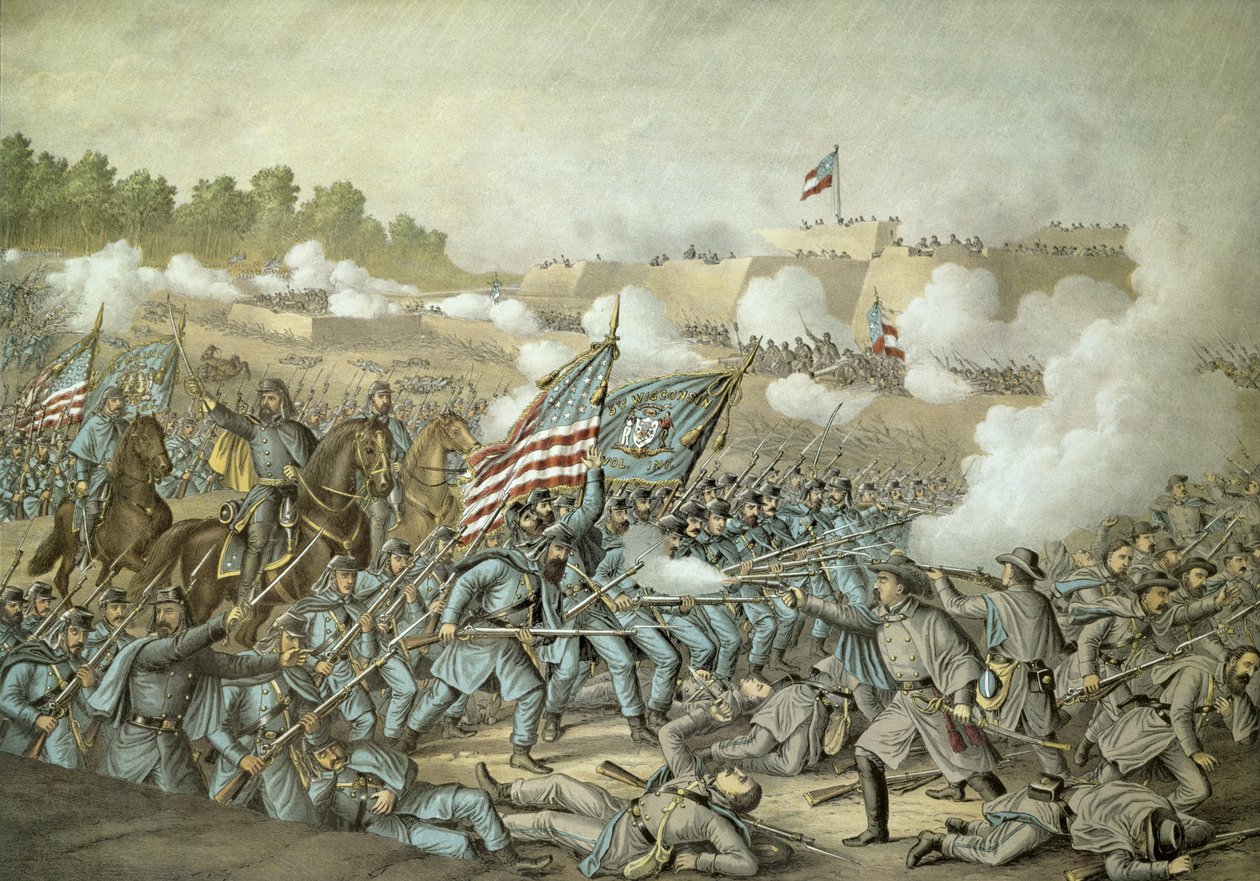 Slaget vid Williamsburg, 5 maj 1862 av Kurz & Allison (färg litho) av American School
