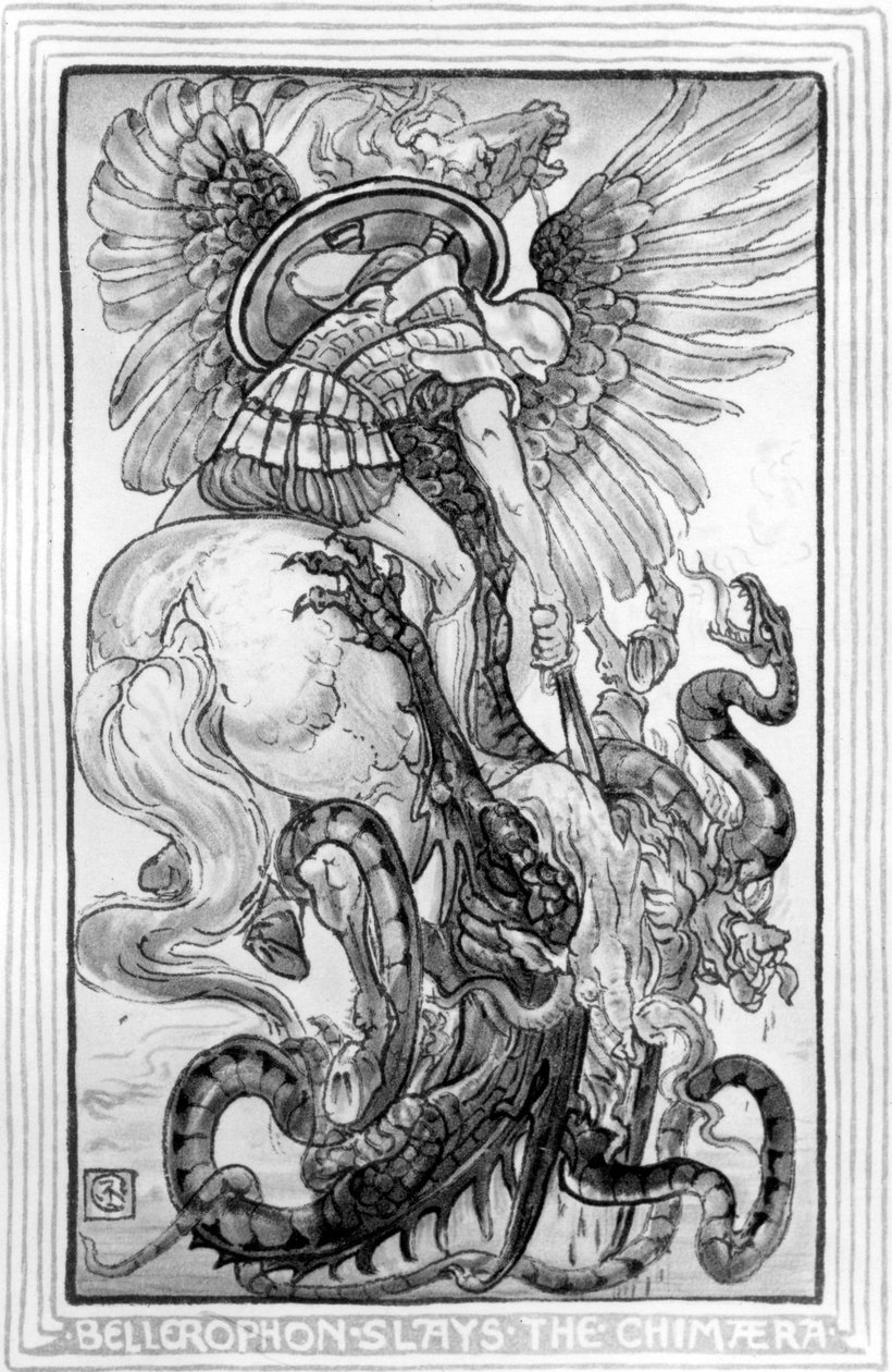 Bellerophon Slayed the Chimera, hämtad från The Wonder-Book for Girls and Boys skriven av Nathaniel Hawthorne, 1852 av American School
