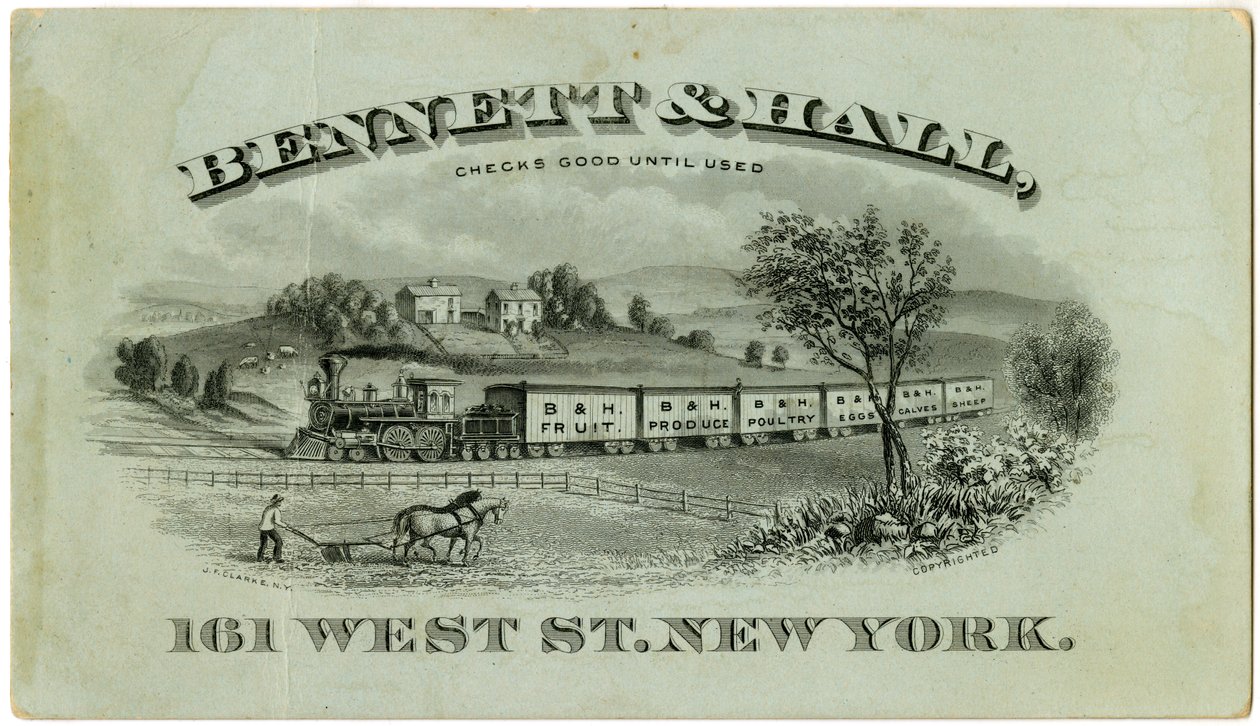 Bennett & Hall handelskort [recto], 1882 (graverad litografi [byteskort]) av American School