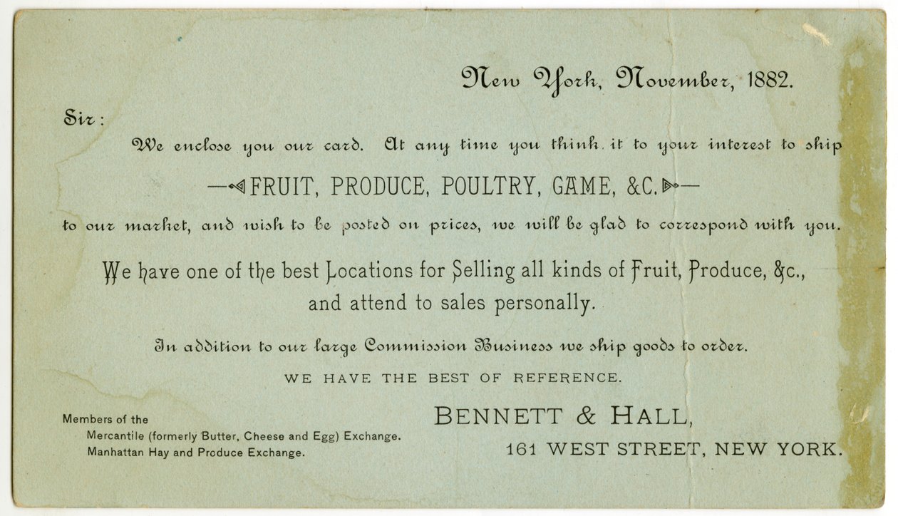 Bennett & Hall handelskort [verso], 1882 (graverad litografi [byteskort]) av American School
