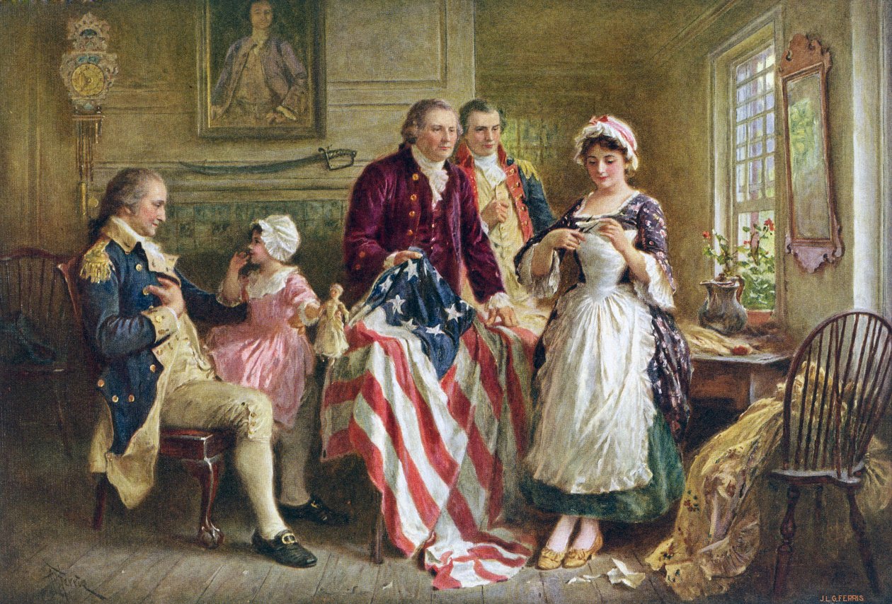Betsy Ross syr den amerikanska flaggan av American School