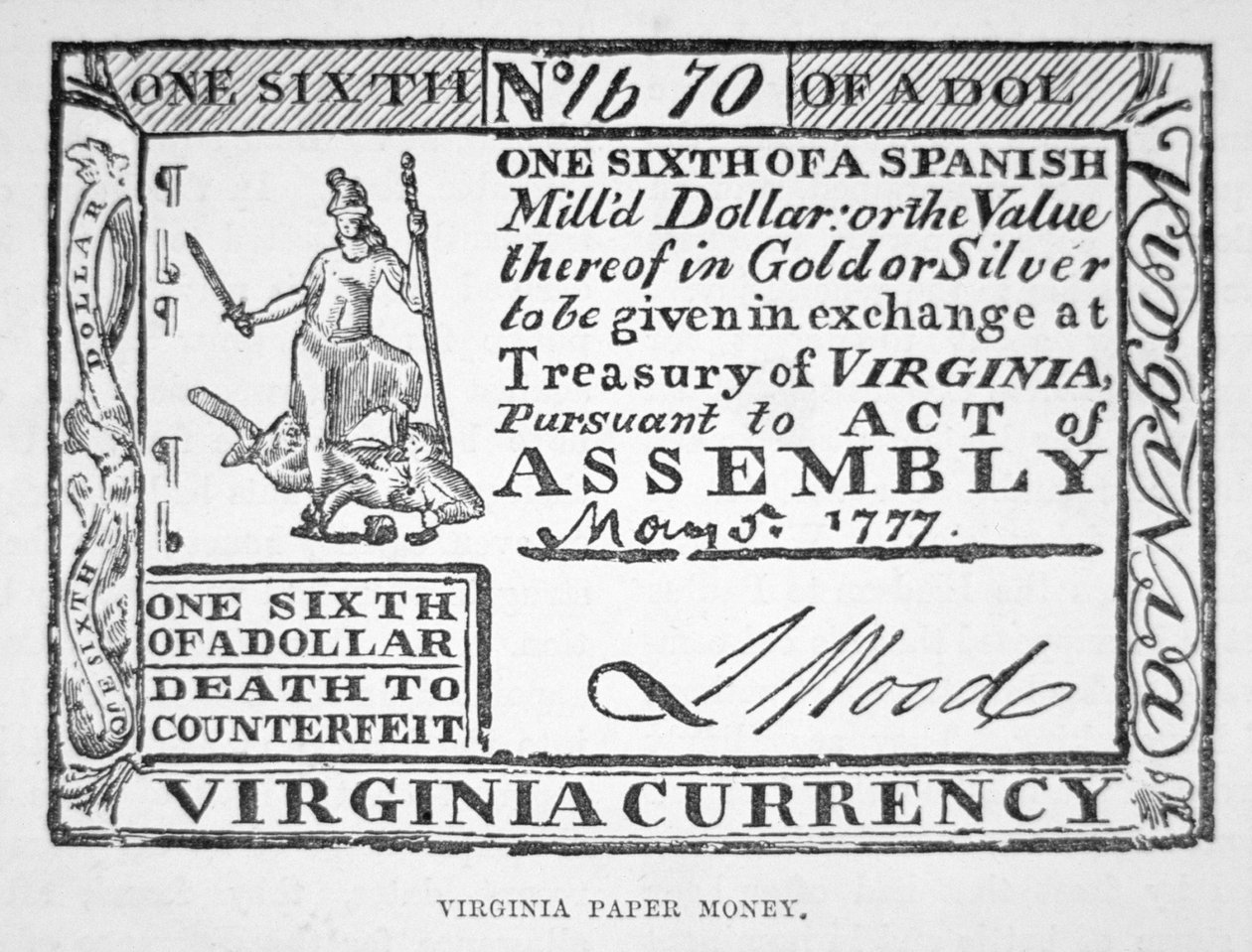 Sedlar för en sjättedel av en dollar, Virginias papperspengar från 1777 (litografi) av American School