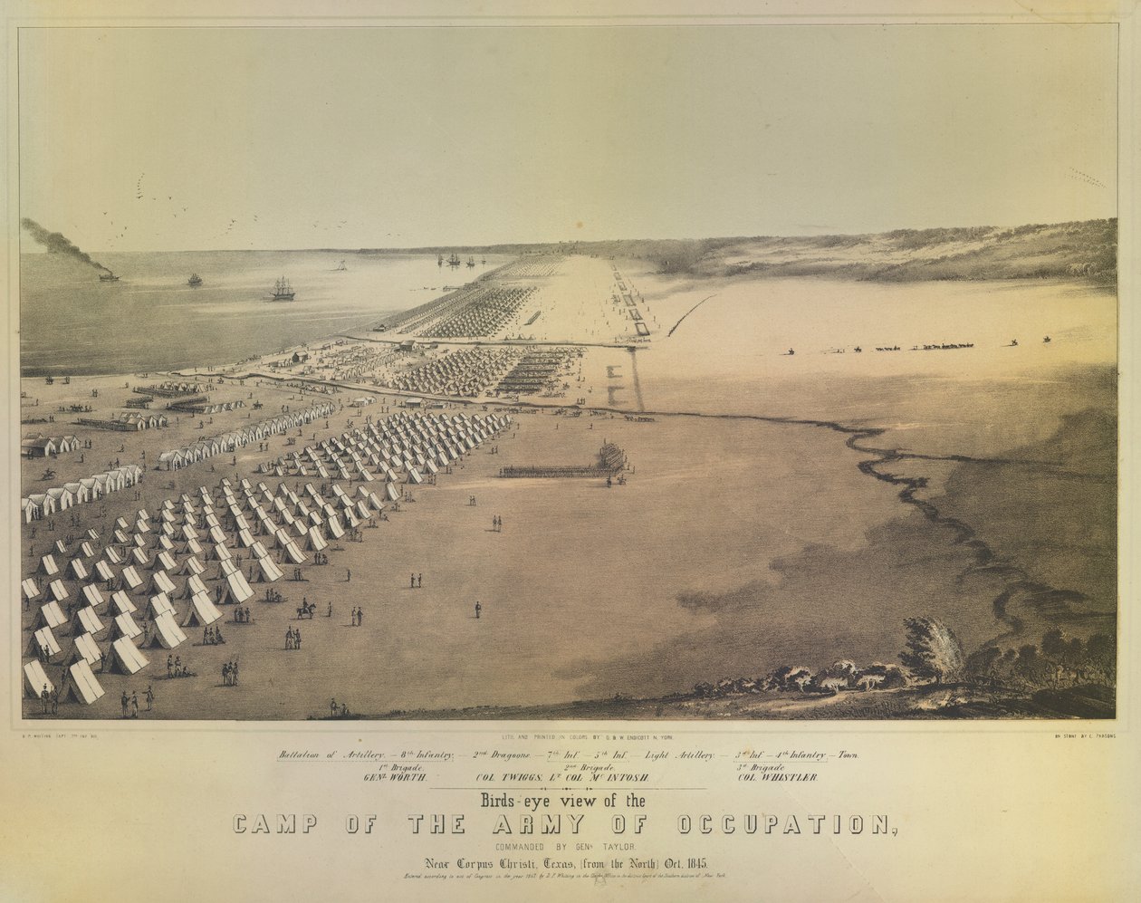 Fågelperspektiv över ockupationsarméns läger, tryckt av G & W Endicott, New York, 1847 av American School