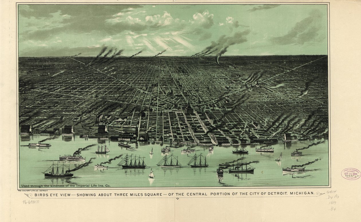 Fågelperspektiv--visar cirka tre miles kvadrat--av den centrala delen av staden Detroit, Michigan, ca 1889 (litho) av American School