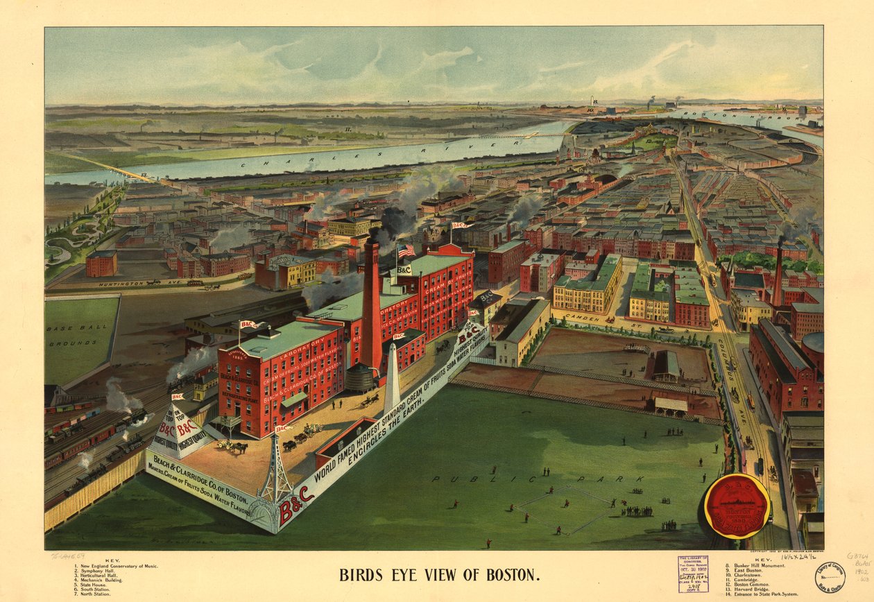 Fågelperspektiv över Boston, ca 1902 (lito i färg) av American School