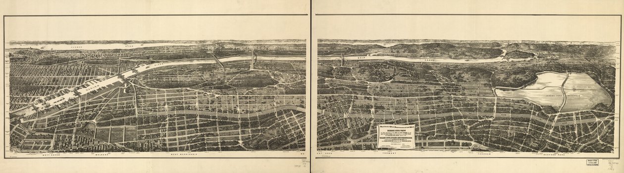 Fågelperspektiv över den del av de 23:e och 24:e distrikten i New York som ligger väster om New York and Harlem Railroad och om Grand Boulevard och Concourse som förbinder Manhattan Island med parksystemet norr om Harlem River. av American School