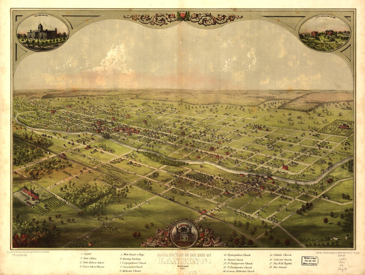 Fågelperspektiv över staden Lansing, Michigan 1866 (lito i färg) av American School