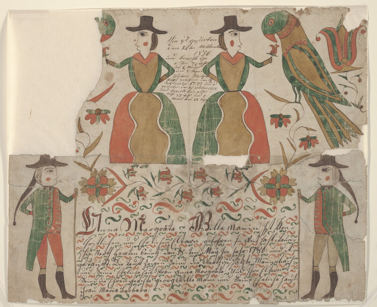 Födelse- och dopbrev för Anna Margräta Willeman, Fraktur Måleri, ca 1810 (penna & bläck med wc på papper) av American School