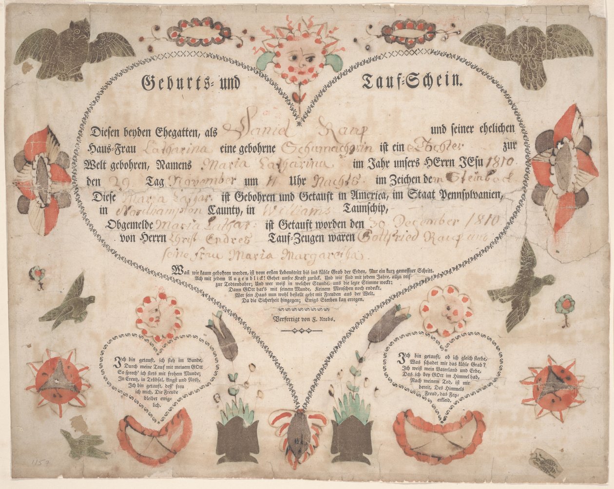 Födelse- och dopbrev (Geburts und Taufschein) för Maria Catharina Raup c.1806 (penna & bläck med akvarell på papper) av American School