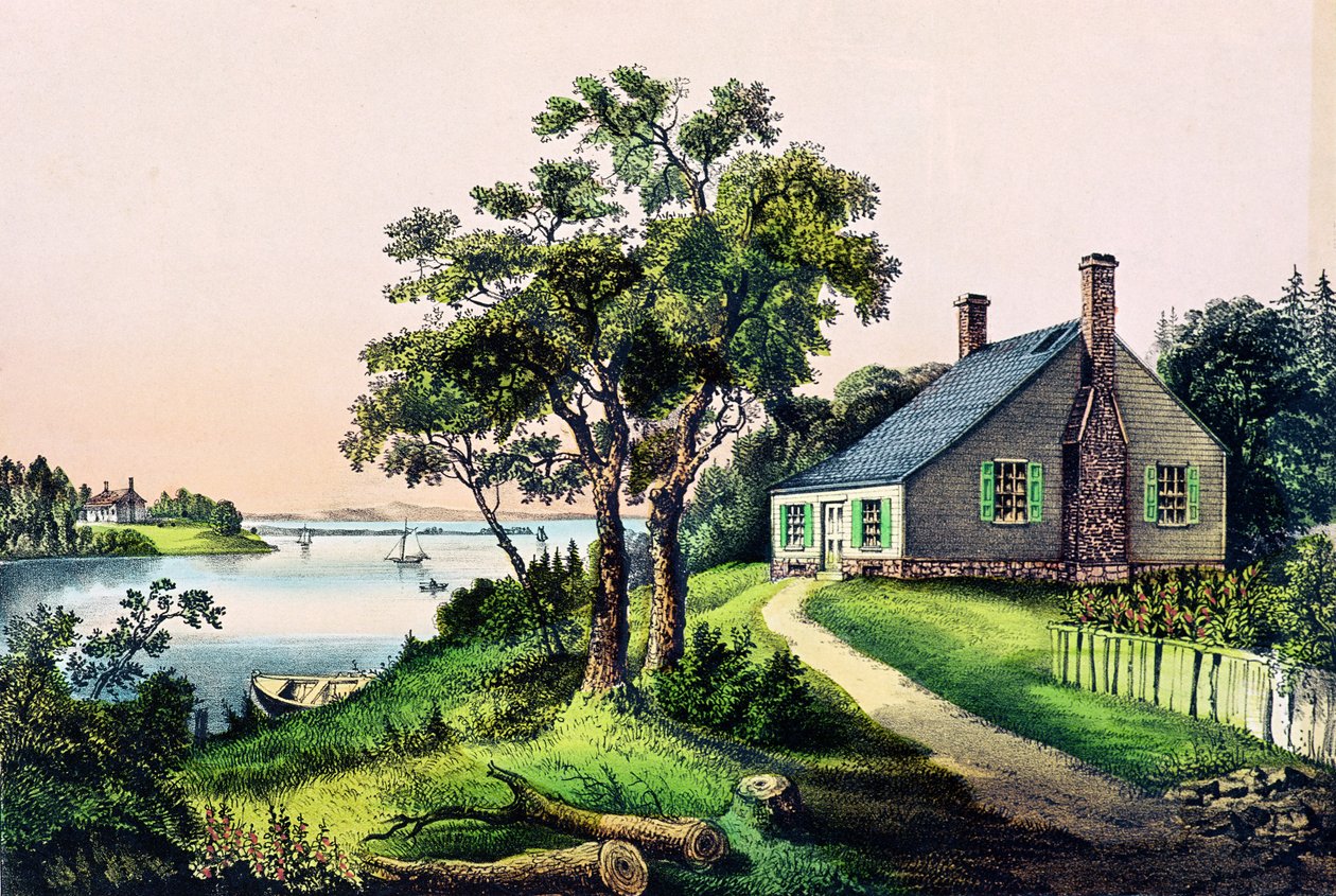 George Washingtons födelseplats i Bridges Creek, Westmoreland County, Virginia, 22 februari 1732, publicerad av Currier och Ives av American School