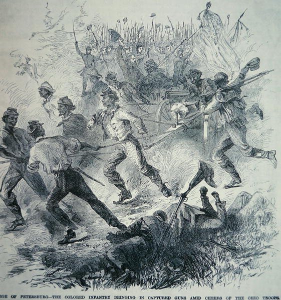 Svarta trupper från unionsarmén tar in tillfångatagna vapen under belägringen av Petersburg (1864-65) (litho) av American School