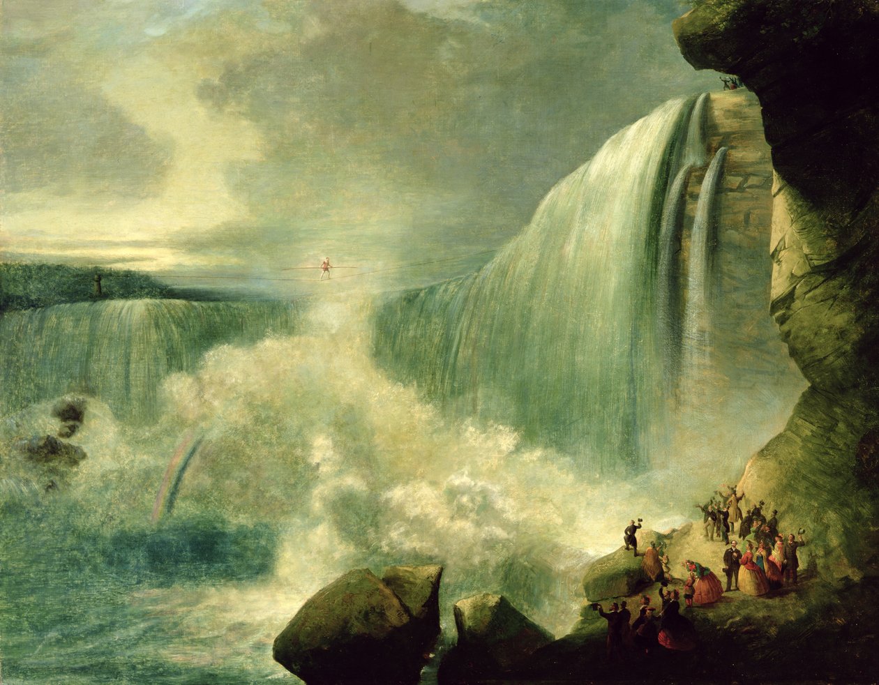 Blondin korsar Niagarafallen på ett lina, c.1859-60 av American School