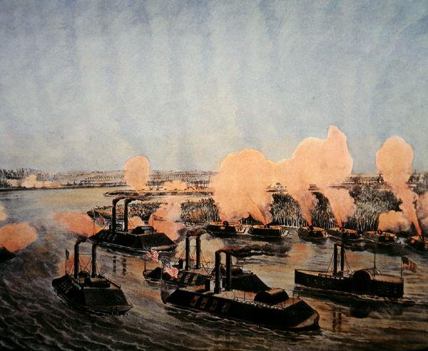 Bombardering och fångst av ön "Number Tio", vid Mississippifloden, 7 april 1862, publicerad av Currier & Ives (färg litho) av American School