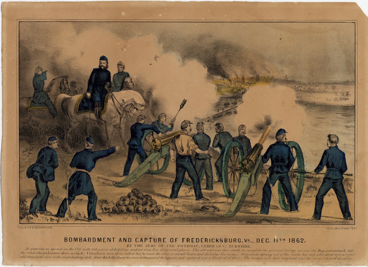 Bombardement och tillfångatagande av Fredericksburg, Va. 11 december 1862, pub. av Currier & Ives, ca 1862 av American School