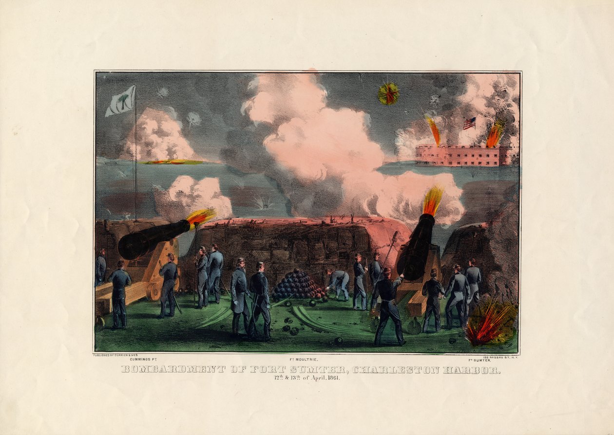 Bombardement av Fort Sumter, Charleston Harbor, 12 och 13 april 1861, pub. av Currier & Ives, ca 1861 av American School