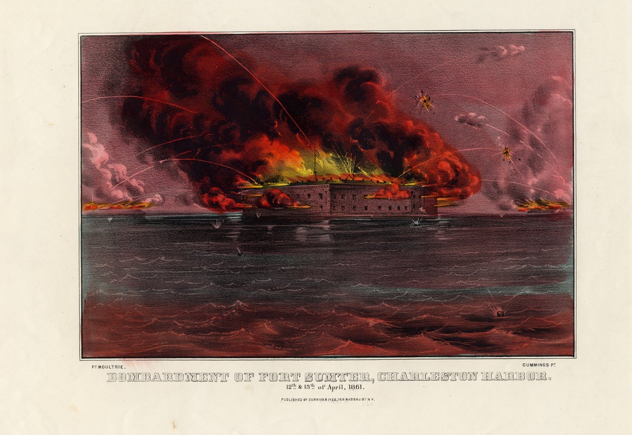 Bombardement av Fort Sumter, Charleston Harbor, 12 och 13 april 1861, pub. av Currier & Ives, ca 1861 av American School