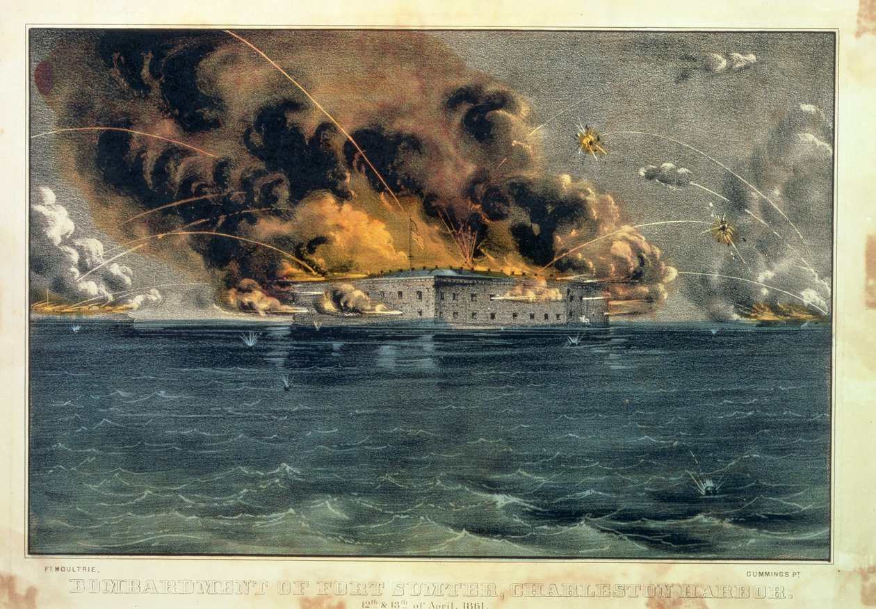 Pomu a Fort Sumter, Uafu Charleston, 12 ma 13 Aperila 1861, pub. saunia e Currier und Ives swed av American School