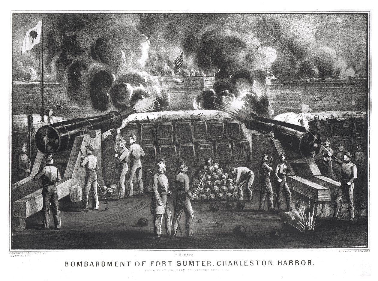 Bombardemang av Fort Sumter, Charlestons hamn från Fort Moultrie, 12 och 13 april 1861, publicerat av Currier and Ives. av American School