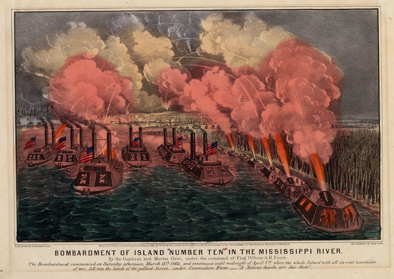 Bombardement av ö nummer tio i Mississippifloden, pub. av Currier & Ives, 1862 av American School