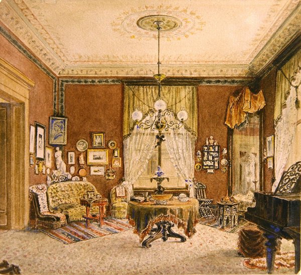 Boston salongsinteriör, ca 1890 (akvarell på papper) av American School