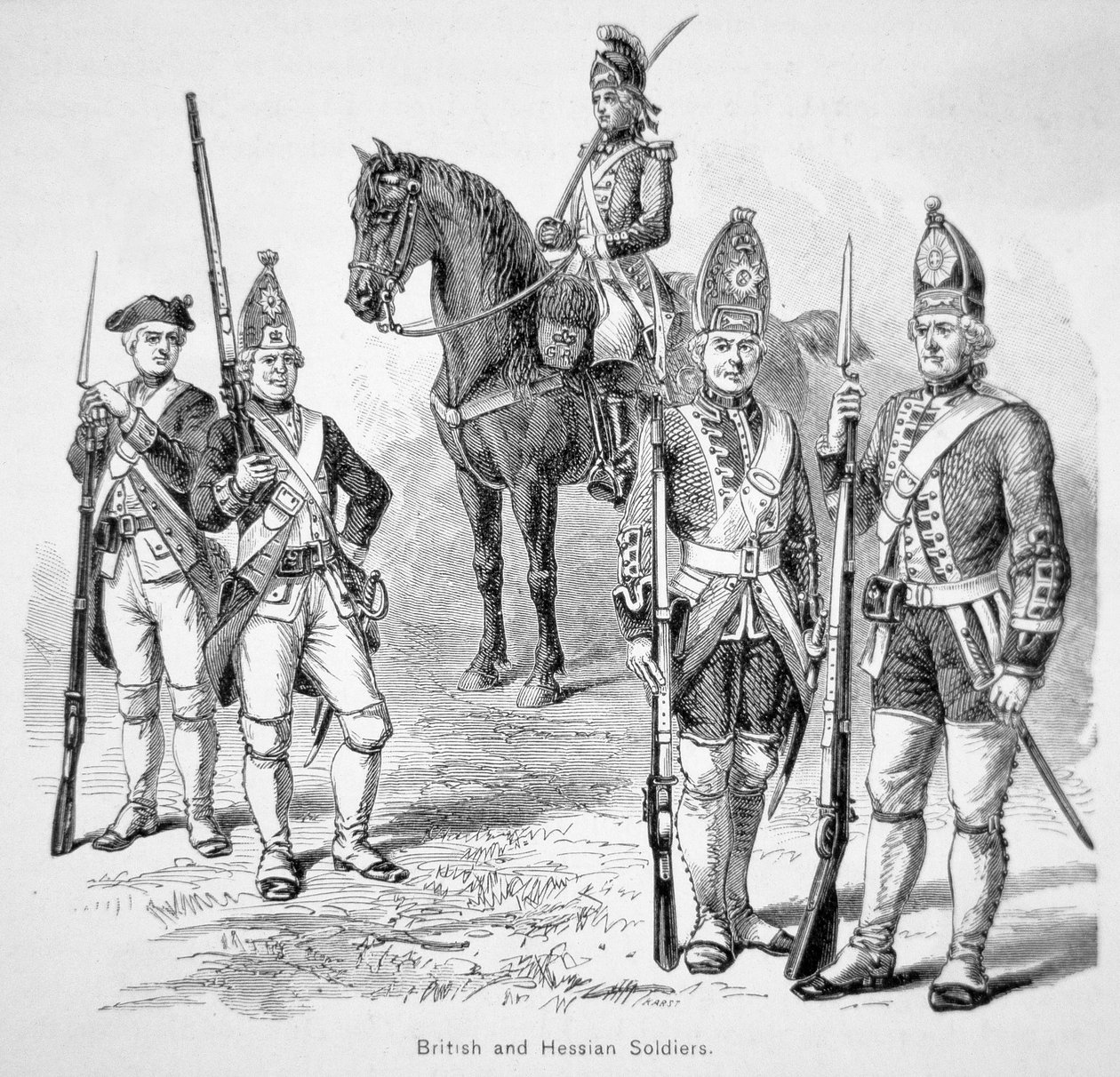 Brittisk och hessisk soldat, under det amerikanska revolutionskriget (gravyr) av American School