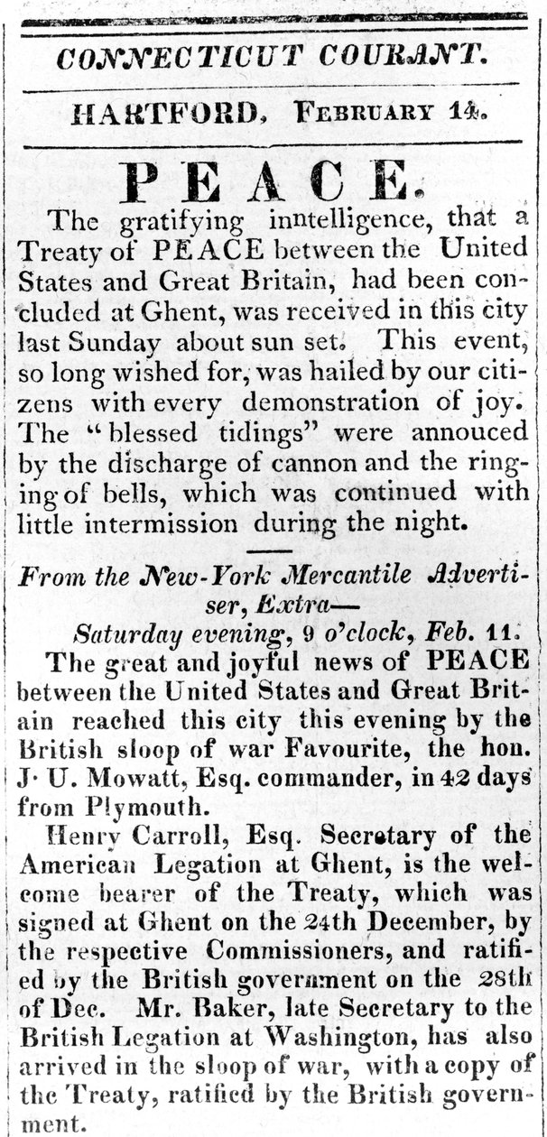 Bredsida som tillkännager fred mellan USA och Storbritannien efter kriget 1812, tryckt i Connecticut Courant, 1815 (tryck) av American School