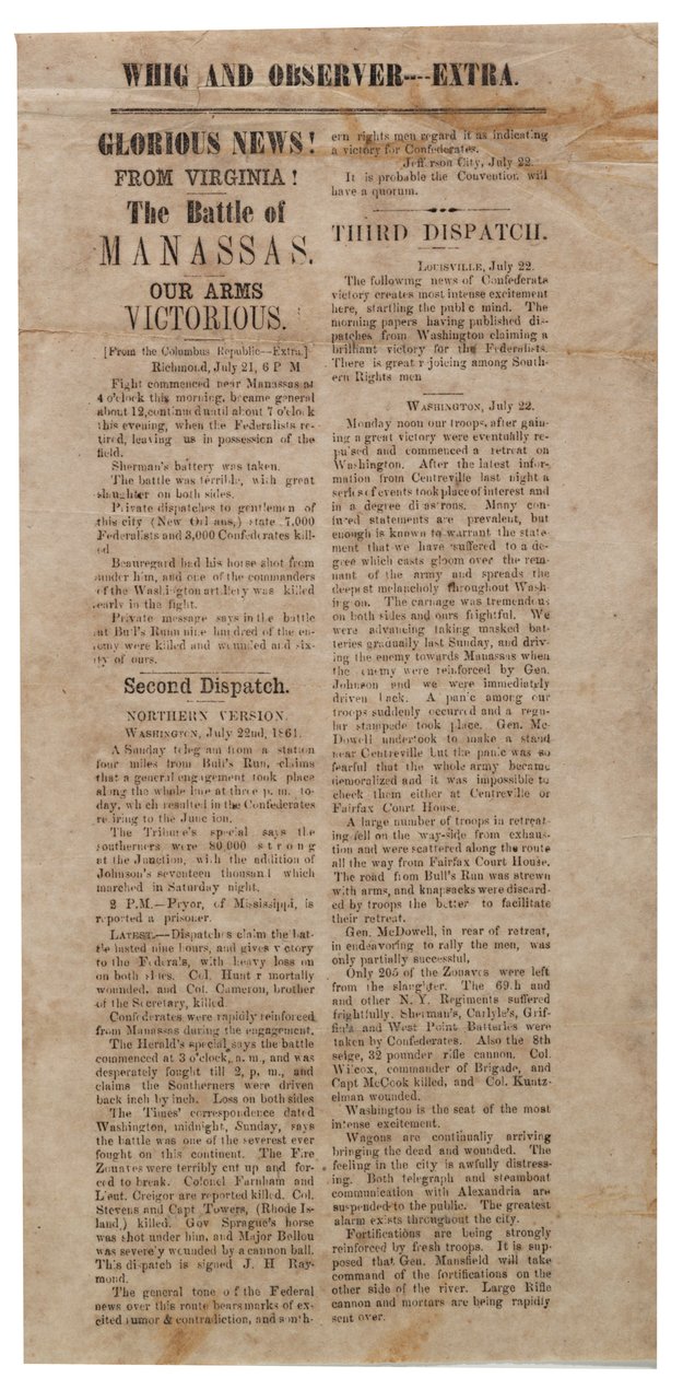 Broadside tillkännager det första slaget vid Manassas, Whig och Observer Extra, efter den 22 juli 1861 av American School