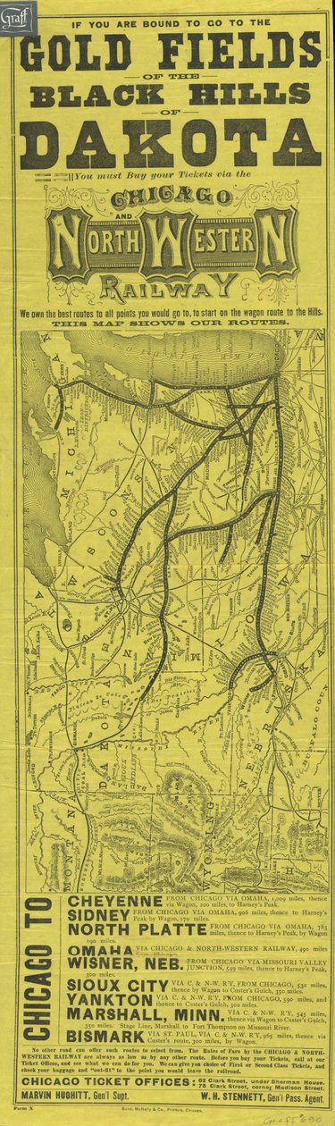 Broadside för Chicago och North Western Railway, tryckt av Rand McNally, c.1870 av American School