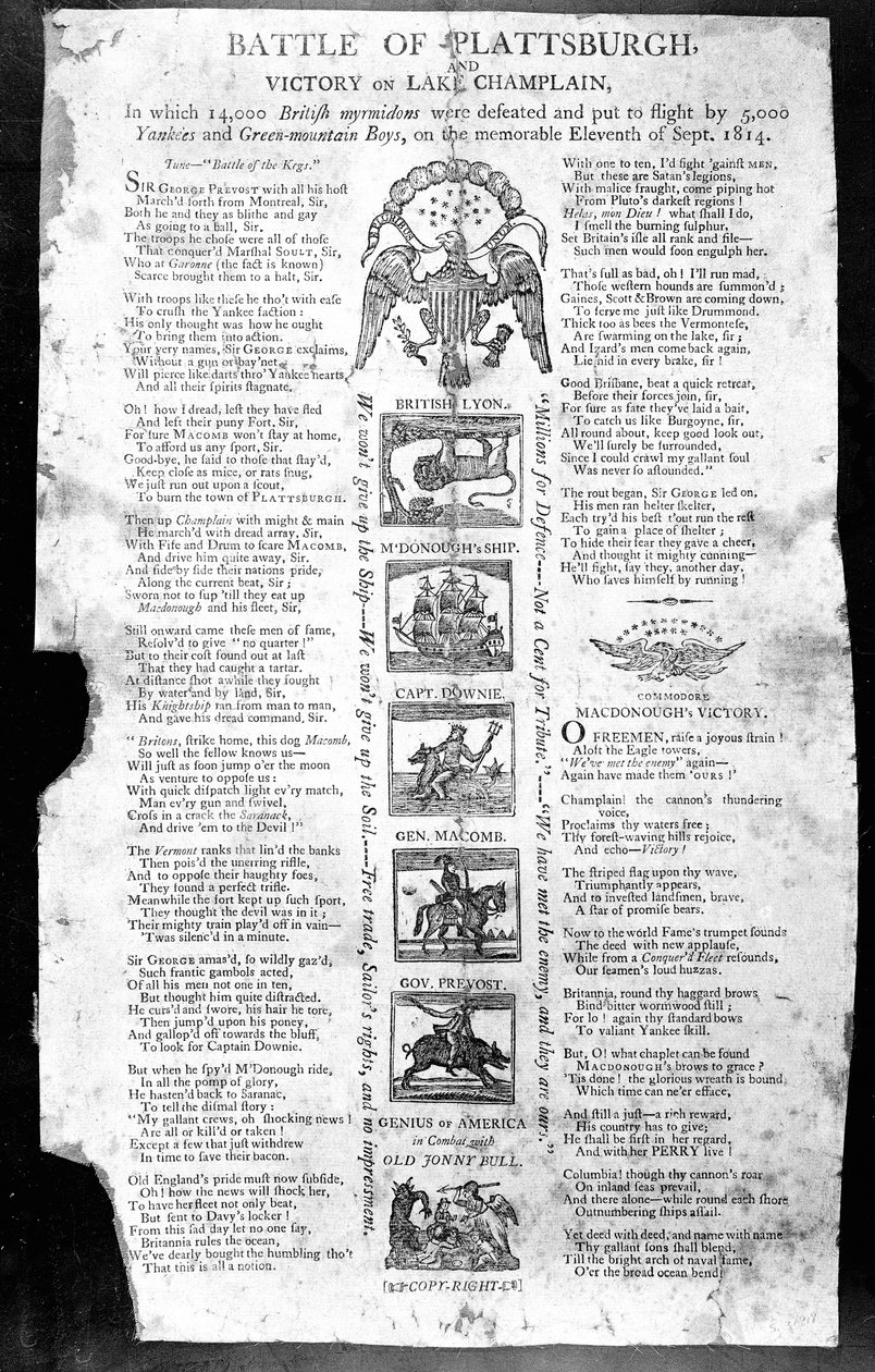 Broadside från kriget 1812, med slaget vid Plattsburgh och Victory on Lake Champlain (tryck) av American School