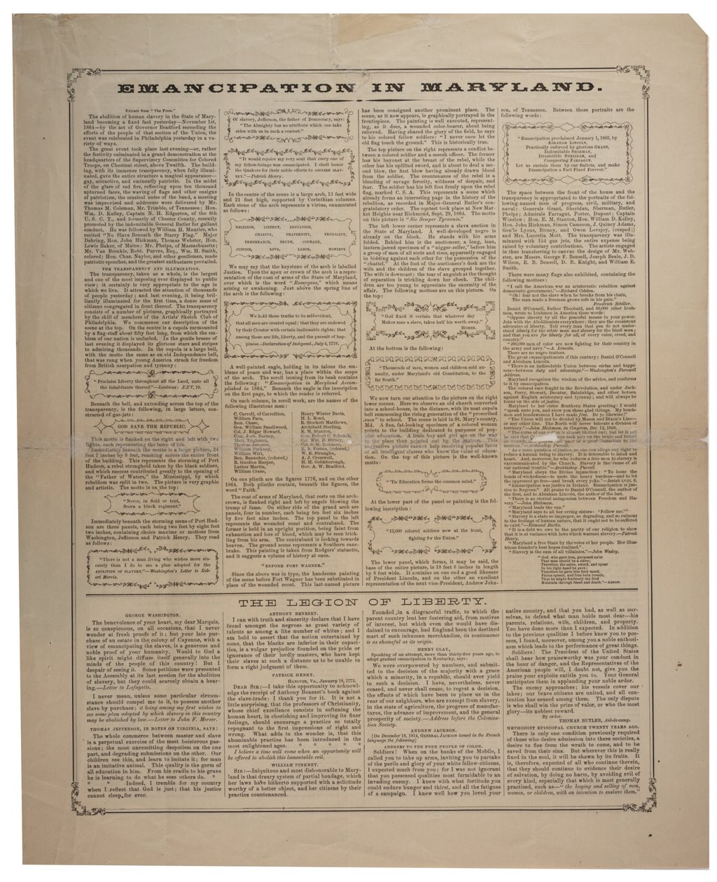 Bredsida angående rekrytering av afroamerikaner och firande av frigörelse i Maryland, Ringwalt & Brown (fl.1863-1865), ca 1 november 1864 (se även GLC 696014, 696015 & 696017) av American School