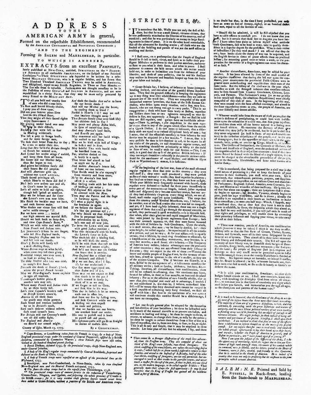 Bredsida med en adress till den amerikanska armén, Salem, 1775 (tryck) av American School