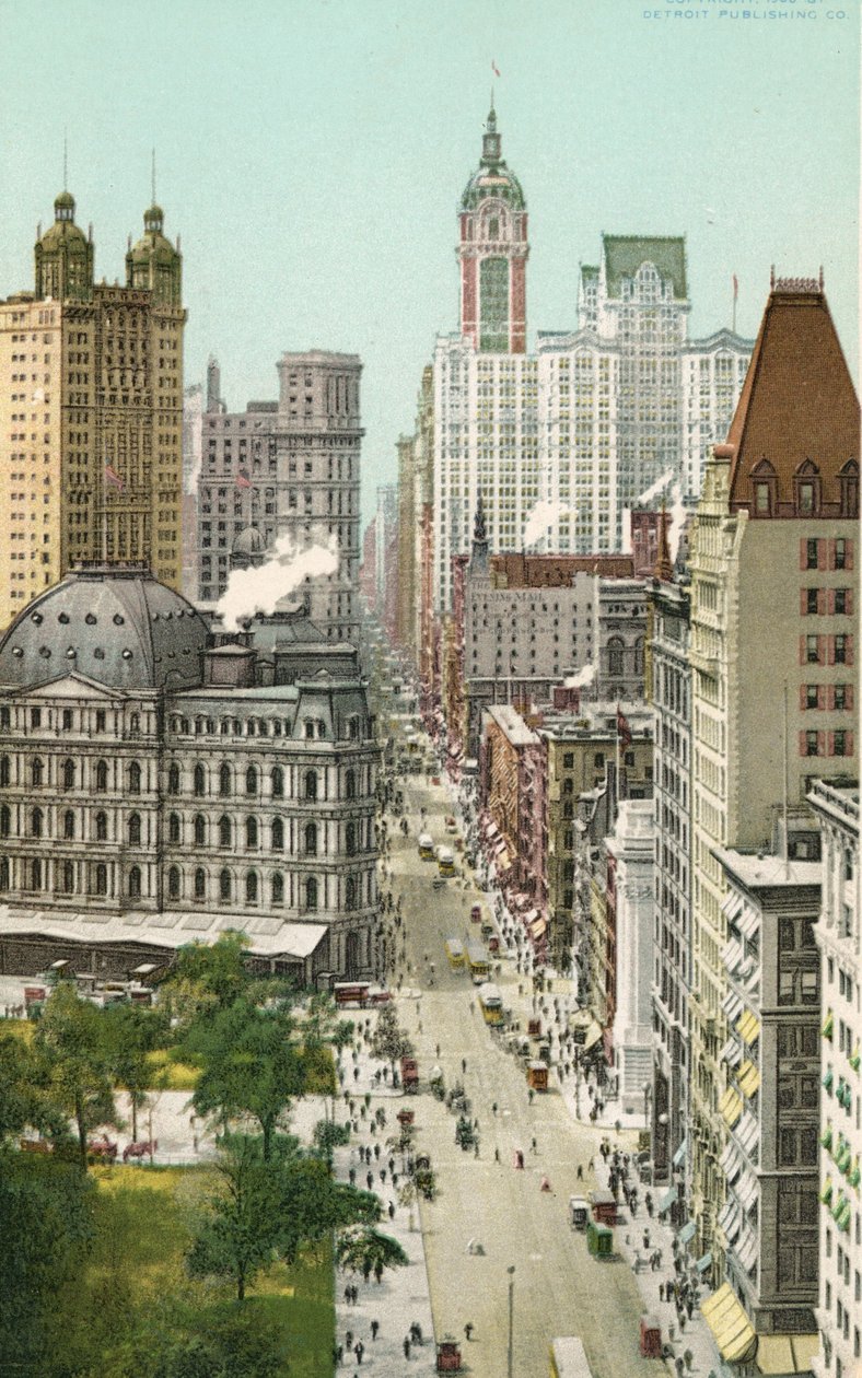 Broadway, New York (färg litho) av American School