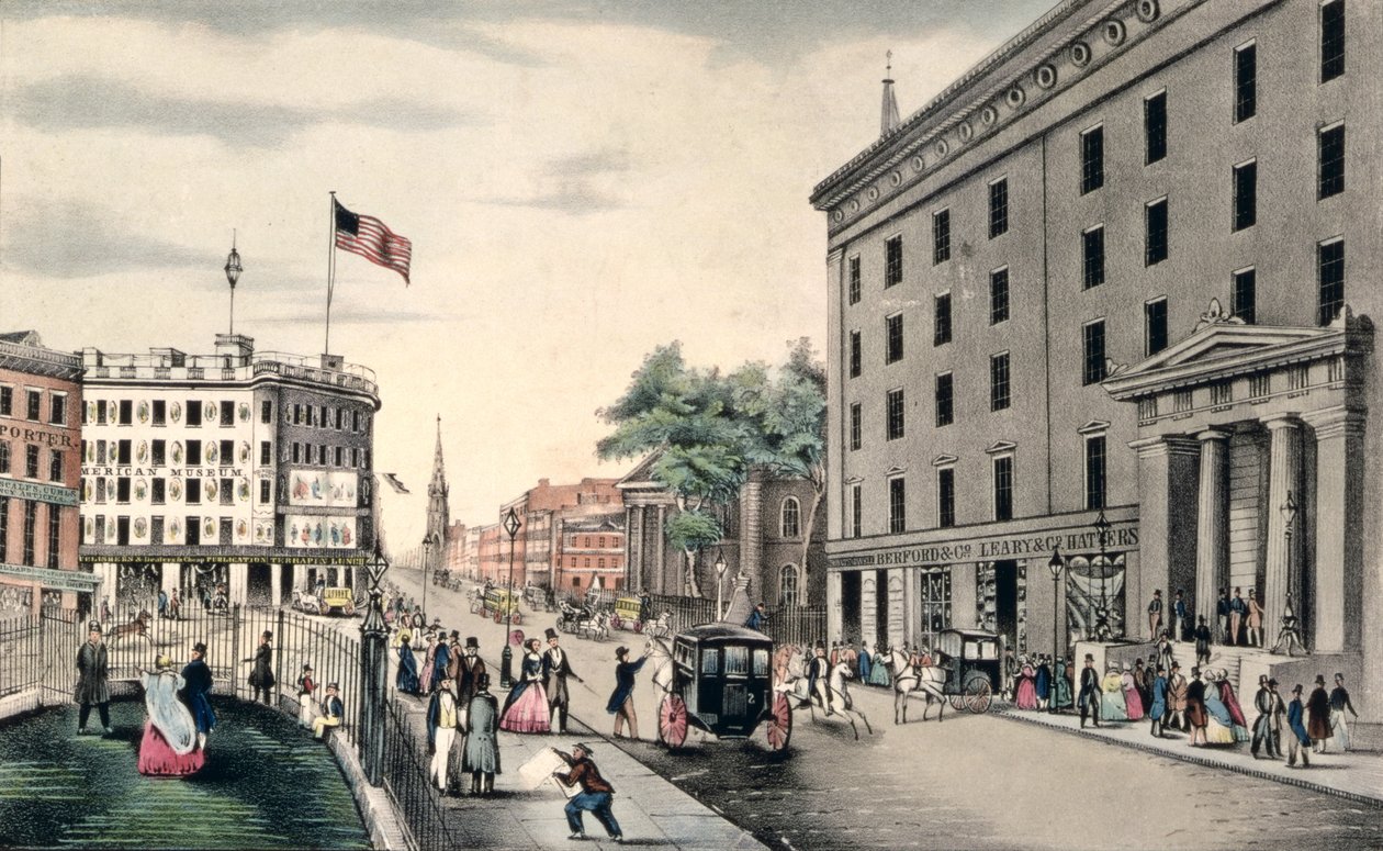 Broadway New York, söder om parken, graverad och pub. av Nathaniel Currier (1813-88) New York, av American School