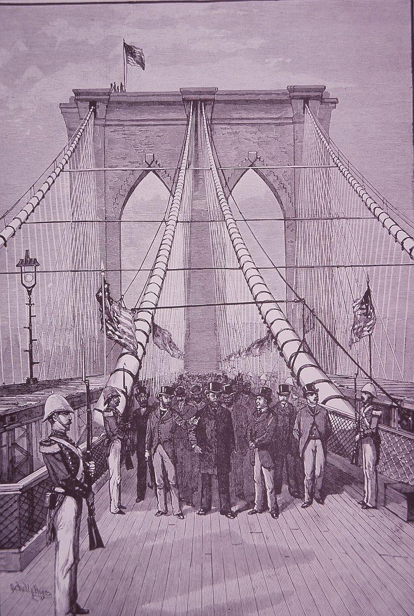 Brooklyn Bridge, president Arthur vid öppningsceremonin den 24 maj 1883 (gravyr) av American School